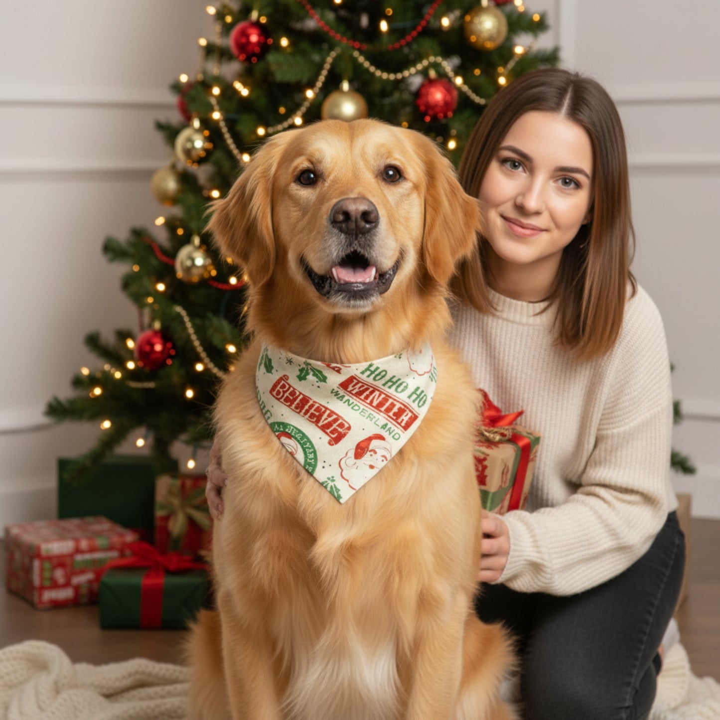 Believe in the Woof” Vintage Christmas Dog Bandana 🎄🐾